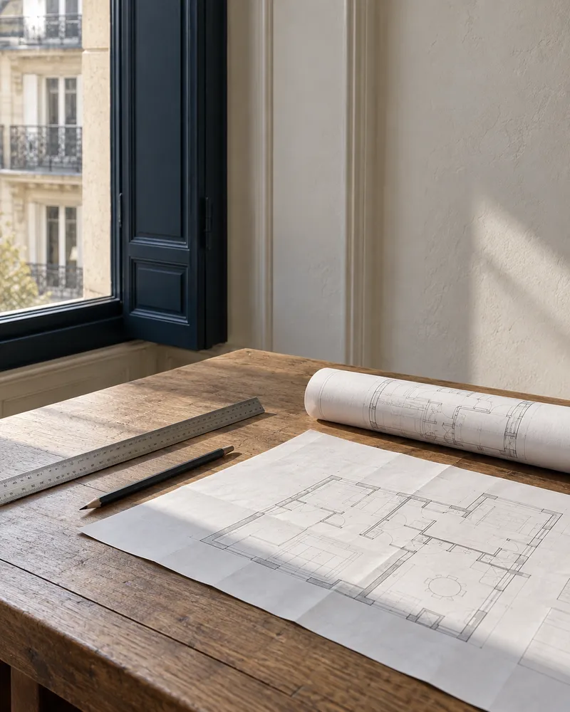 Plans et outils de dessin sur une table en bois éclairée par une fenêtre.